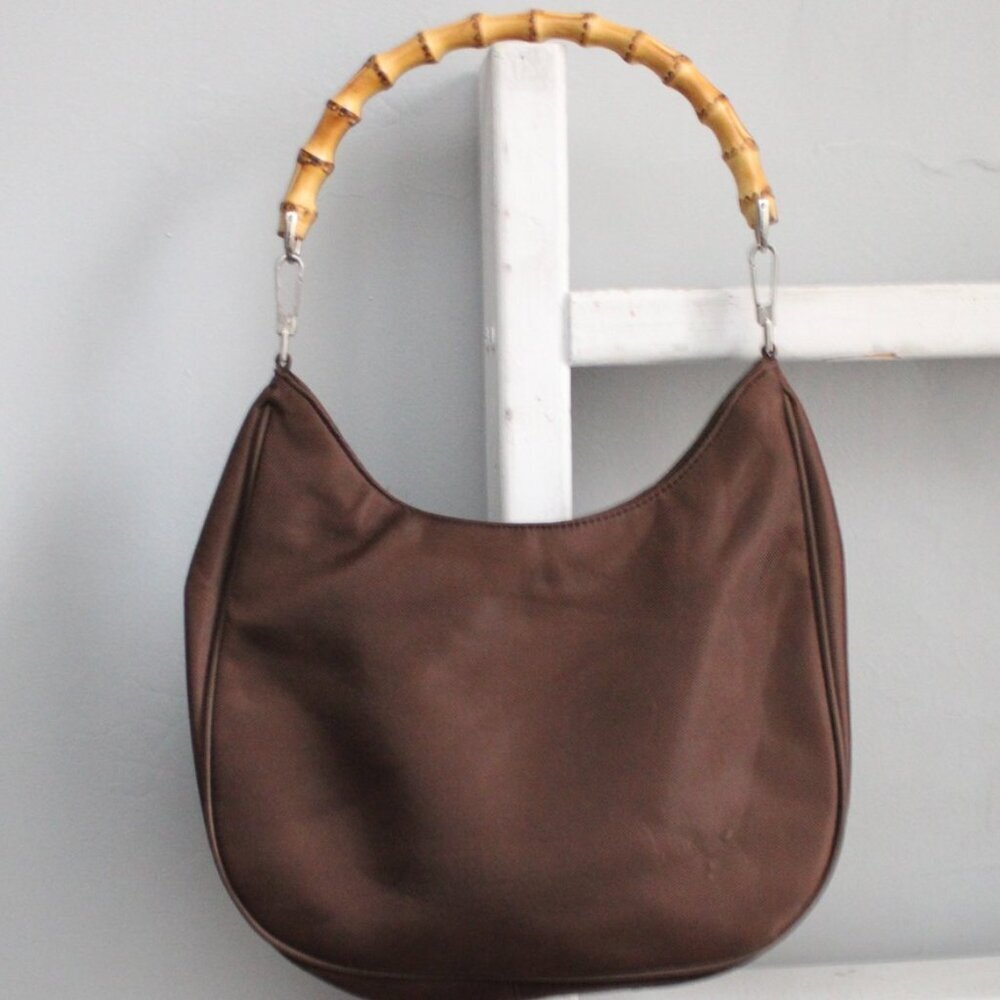 Vintage Brown Nylon Bamboo Strap Shoulder Handbag Purse